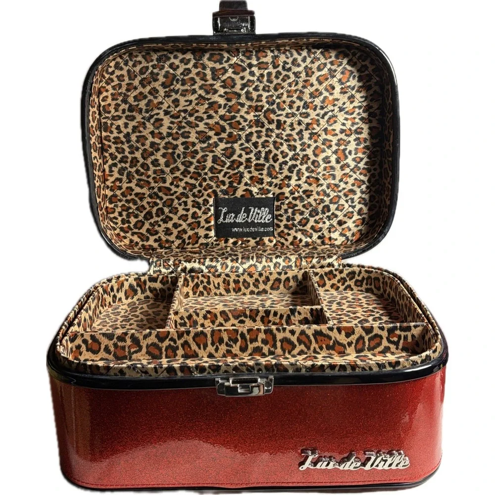 Lux de Ville Red Glitter Vanity‎ Case Leopard Print Retro Pinup Makeup Trunk Bag